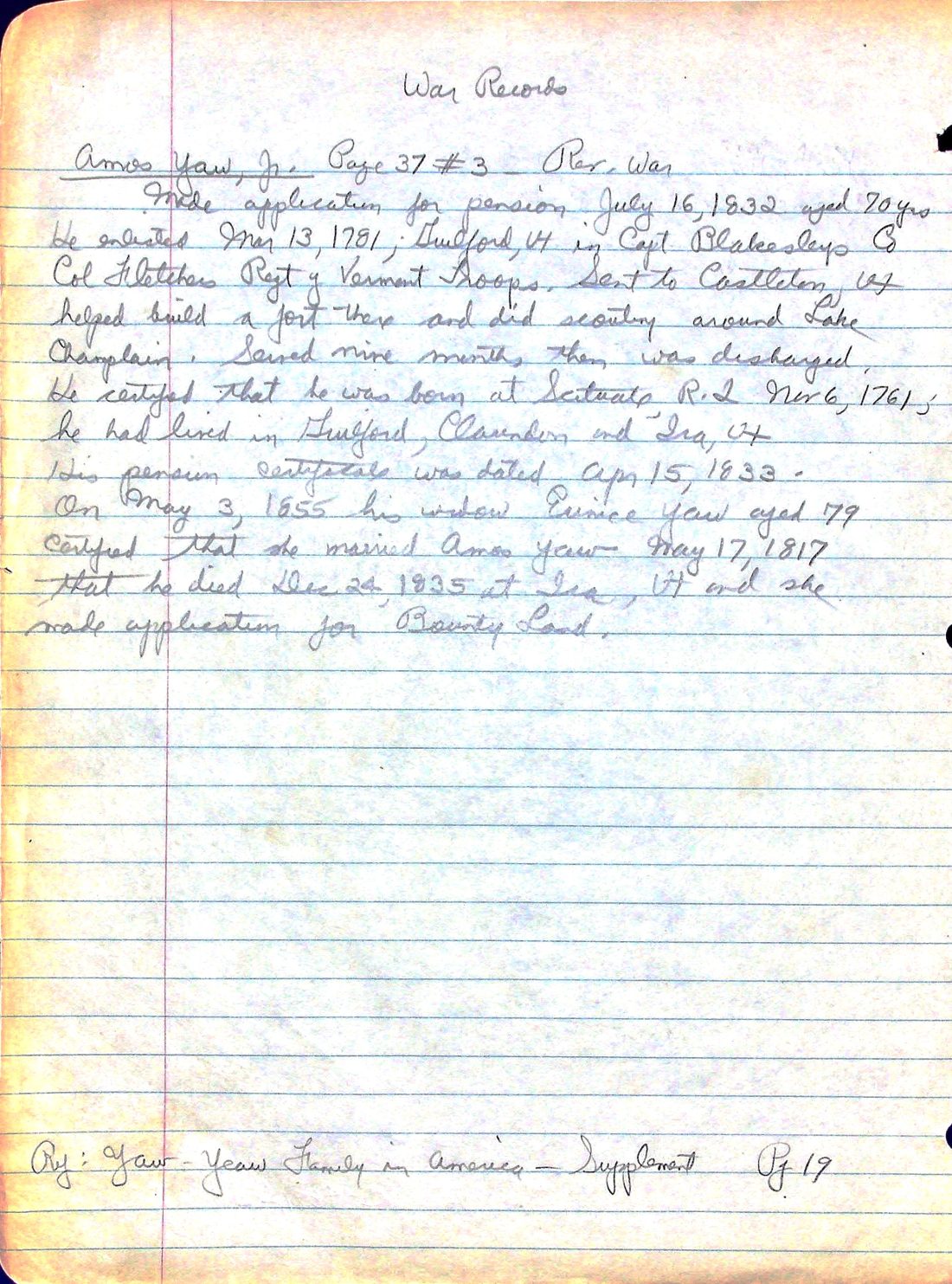 YAW, Amos (jr.) - pension application 1832